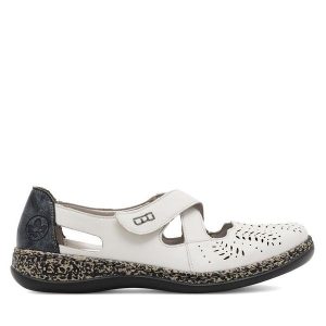 Półbuty Rieker. Białe półbuty Rieker, bez wzorów, bez obcasa, na płaskiej podeszwie, bez zapięcia. Za 329,99 zł.