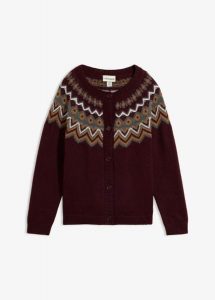 Sweter rozpinany w norweski wzór. Czerwone kardigany bonprix, bez kołnierzyka. Za 149,99 zł.