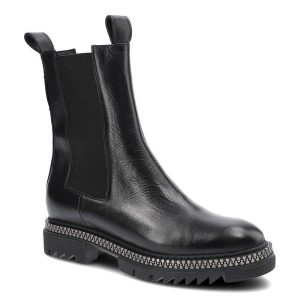 Czarne Botki Carinii Damskie Wygodne Buty Skórzane. Czarne botki Carinii, z aplikacjami, z materiału, bez obcasa, na płaskiej podeszwie, bez zapięcia. Za 339,00 zł.