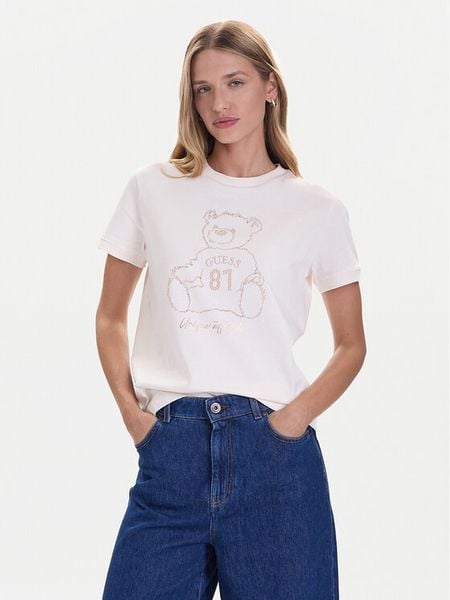 Guess T-Shirt V5BI16 K8FQ4 Biały Regular Fit. Białe t-shirty Guess, xs, z aplikacjami, z bawełny, bez kołnierzyka, bez ramiączek. Za 129,99 zł.