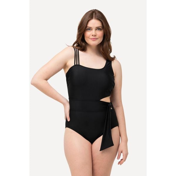 Damski Kostium kąpielowy bloki kolorów miękkie miseczki z recyklingu. Czarne stroje jednoczęściowe Ulla Popken, bez wzorów, z elastanu. Za 294,99 zł.