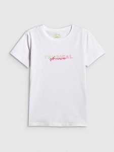 4F T-shirt slim z nadrukiem damski - biały M. Białe t-shirty 4f, l, bez wzorów, z bawełny, bez kołnierzyka, bez ramiączek. Za 59,99 zł.