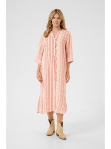 Kaffe Lniana sukienka w kolorze beżowo-pomarańczowym rozmiar: L/XL. Brązowe sukienki Kaffe, na co dzień, l, bez wzorów, ze lnu, bez kołnierzyka, bez ramiączek, maxi, proste. Za 171,68 zł.