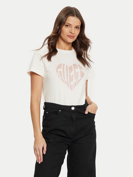 Guess T-Shirt V5RI08 J1314 Écru Slim Fit. Białe t-shirty Guess, m, z aplikacjami, z bawełny, bez kołnierzyka, bez ramiączek. Za 111,99 zł.