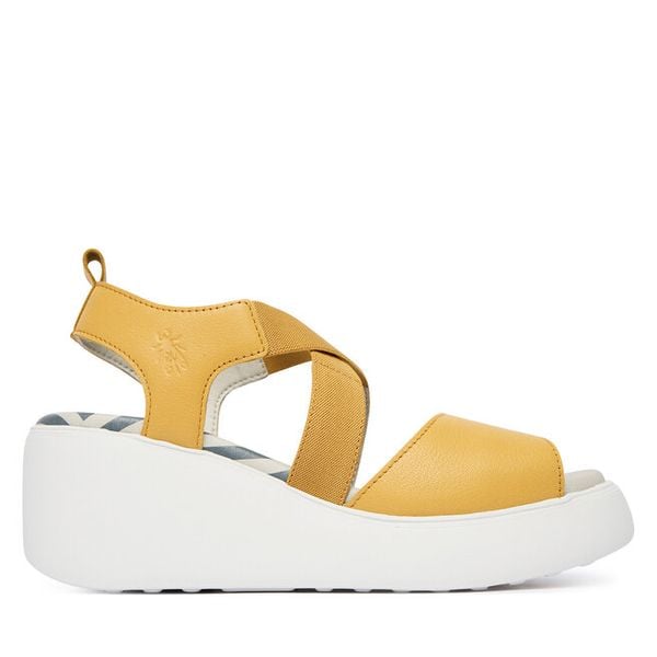 Sandały Fly London. Żółte sandały Fly London, bez wzorów, bez obcasa, na koturnie, bez zapięcia. Za 547,99 zł.