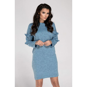 Sukienka w kolorze niebieskim. Niebieskie sukienki marki Moda w jesiennych kolorach, melanż, z dekoltem w łódkę, z długim rękawem. W wyprzedaży za 84,95 zł.