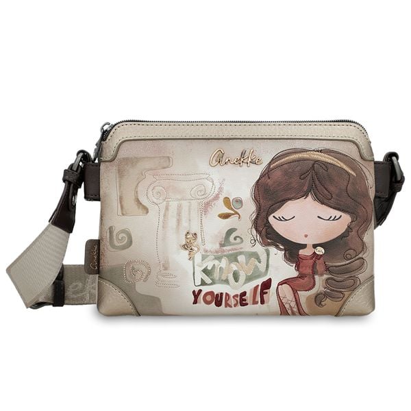 Torebka damska Anekke, listonoszka na ramię z regulowanym paskiem i 2 komorami, beżowa, 42703-160. Brązowe listonoszki Anekke, z aplikacjami, na ramię, zdobione, bez dodatków. Za 339,00 zł.