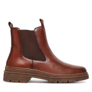 Botki Tamaris. Brązowe botki Tamaris, bez wzorów, bez obcasa, na płaskiej podeszwie, bez zapięcia. Za 349,99 zł.