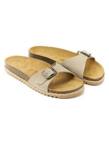 Mandel Skórzane klapki "Agata" w kolorze beżowym rozmiar: 41. Brązowe klapki Mandel, bez wzorów, z nubiku, z otwartym noskiem, bez obcasa. Za 130,99 zł.