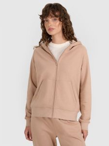 4F Bluza dresowa rozpinana z kapturem damska - beżowa XS. Brązowe bluzy 4f, uniwersalny, bez wzorów, z bawełny, z kapturem. Za 159,99 zł.