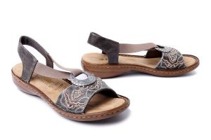 RIEKER 608B9-45 grey, sandały damskie. Szare sandały Rieker, bez wzorów, z gumy, bez obcasa, bez zapięcia. Za 231,92 zł.
