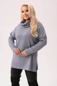 Popielaty sweterek Bianka - uniwersalny i stylowy z możliwością noszenia jako bluzka lub golf PLUS SIZE XXL. Szare bluzki Moda Size Plus Iwanek, bez wzorów, z elastanu. W wyprzedaży za 159,90 zł.