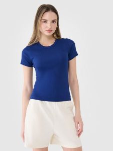 4F T-shirt slim z prążkowanej dzianiny damski - granatowy L. Niebieskie t-shirty 4f, l, bez wzorów, z bawełny, bez kołnierzyka, bez ramiączek. W wyprzedaży za 39,99 zł.