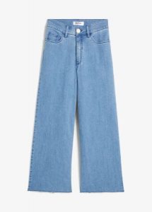 Jeansy wide leg, wysoki stan, krótsza nogawka. Niebieskie jeansy bonprix, bez wzorów, z jeansu, z podwyższonym stanem, krótkie. Za 59,99 zł.