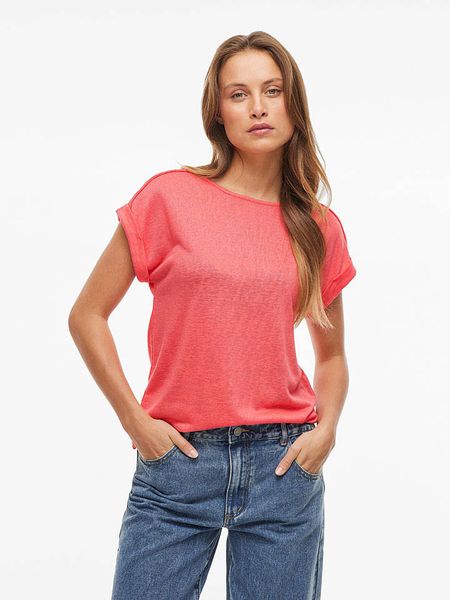 Vila Koszulka "Ciara" w kolorze koralowym rozmiar: S. Czerwone bluzki Vila, s, bez wzorów, bez kołnierzyka, bez ramiączek. Za 41,39 zł.