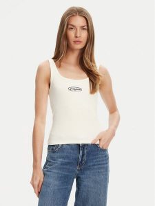 Guess Jeans Top W5YP35 KA0H1 Écru Regular Fit. Topy Guess Jeans, m, z aplikacjami, z bawełny, bez kołnierzyka, bez ramiączek. Za 69,99 zł.