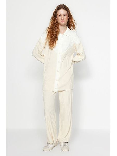 Trendyol 2-częściowy zestaw w kolorze beżowym rozmiar: XL. Brązowe kardigany Trendyol, prążkowane. Za 78,99 zł.