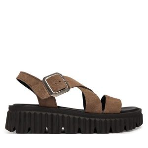 Sandały Tamaris. Brązowe sandały Tamaris, bez wzorów, bez obcasa, na płaskiej podeszwie, bez zapięcia. Za 369,99 zł.