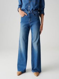OPUS Dżinsy "Melly" - Palazzo fit - w kolorze niebieskim rozmiar: 36/L32. Niebieskie jeansy Opus, z aplikacjami, ze skóry, z podwyższonym stanem. Za 264,95 zł.