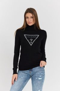 GUESS Czarny damski golf Piper Triangle z dużym logo. Czarne golfy Guess, z aplikacjami, z elastanu. W wyprzedaży za 265,99 zł.