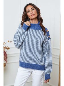 So Cachemire Sweter "Calinia" w kolorze niebiesko-białym rozmiar: L. Niebieskie swetry oversize So Cachemire, l, bez wzorów, z wełny, bez ramiączek. Za 227,31 zł.