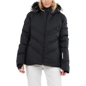 Damska kurtka narciarska Fundango Elyra Fur Padded. Czarne kurtki sportowe FUNDANGO, na zimę, xl, bez wzorów, z puchu, bez kaptura, narciarskie. W wyprzedaży za 499,00 zł.