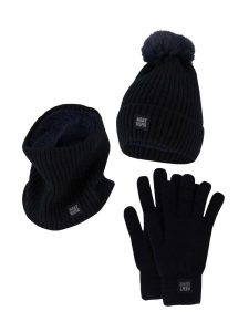 Damski Zimowy Zestaw Termiczny - Czapka + Rękawiczki + Komin - Granatowy. Niebieskie szaliki HEAT KEEPER, na zimę, bez wzorów, z dzianiny. Za 177,72 zł.