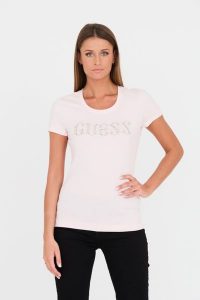 GUESS Różowy t-shirt Stones Logo Tee. Czerwone t-shirty Guess, s, z aplikacjami, z bawełny, bez kołnierzyka, bez ramiączek. W wyprzedaży za 202,99 zł.