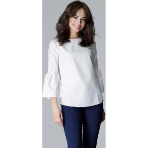 Ecru Elegancka Bluzka z Hiszpańskim rękawkiem ¾. Czarne bluzki Katrus, xl, bez wzorów, z materiału, eleganckie, bez kołnierzyka, bez ramiączek. Za 189,00 zł.