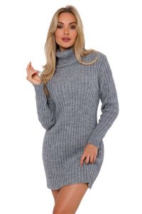 Mini Sukienka w Prążki z Golfem - Szara. Szare sukienki MOE, l, bez wzorów, z dzianiny, bez kołnierzyka, bez ramiączek, mini. Za 237,90 zł.
