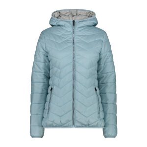 Kurtka puchowa z kapturem damska z diagonalnymi szwami CMP. Niebieskie kurtki CMP, na zimę, s, bez wzorów, z puchu, z kapturem. Za 550,70 zł.