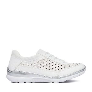 Półbuty Rieker. Białe półbuty Rieker, bez wzorów, bez obcasa, na płaskiej podeszwie, bez zapięcia. Za 349,99 zł.