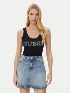 Guess Top W5GP29 KA0H1 Czarny Regular Fit. Czarne topy Guess, s, z aplikacjami, z bawełny, bez kołnierzyka, bez ramiączek. Za 99,99 zł.