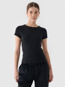 4F T-shirt slim gładki damski - czarny XL. Czarne t-shirty 4f, xl, bez wzorów, z bawełny, bez kołnierzyka, bez ramiączek. Za 29,99 zł.