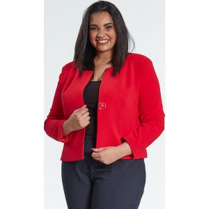 Czerwony klasyczny, damski żakiet w dużych rozmiarach OVERSIZE PLUS SIZE WIOSNA. Kardigany marki Moda Size Plus Iwanek. Za 149,00 zł.