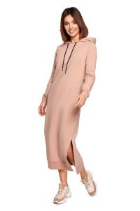Sportowa Midi Sukienka z Kapturem - Mocca. Białe sukienki MOE, l, bez wzorów, z bawełny, sportowe, bez kołnierzyka, bez ramiączek, midi, sportowe. Za 314,90 zł.