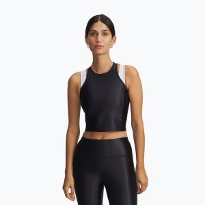 Top treningowy damski Under Armour Motion Shine Tank black/jet gray. Czarne topy Under Armour, bez wzorów, bez kołnierzyka, bez ramiączek. Za 83,99 zł.