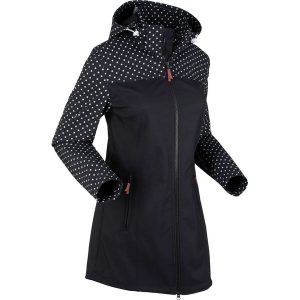Kurtka softshell z nadrukiem, dopasowany fason, z materiału odpychającego wodę. Czarne kurtki bonprix, bez wzorów, z softshellu. Za 249,99 zł.