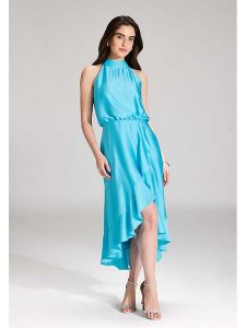 SWING Sukienka w kolorze błękitnym rozmiar: 46. Niebieskie sukienki Swing, bez wzorów, z asymetrycznym kołnierzem, bez ramiączek, midi, asymetryczne. Za 239,99 zł.