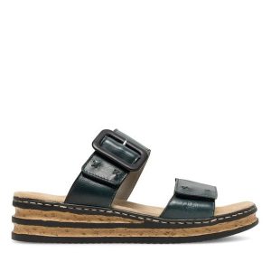 Klapki Rieker. Niebieskie klapki Rieker, bez wzorów, bez obcasa. Za 299,99 zł.