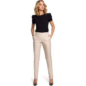 Beżowe Eleganckie Spodnie Rurki z Eko-skóry. Brązowe rurki MOE, z elastanu. Za 213,90 zł.