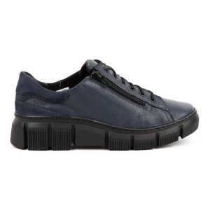 WASAK Półbuty damskie sneakersy skórzane 0663W granatowe niebieskie. Niebieskie półbuty na jesień, bez wzorów, z polaru, bez obcasa, bez zapięcia. Za 423,31 zł.