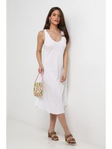Le Monde du Lin Lniana sukienka w kolorze białym rozmiar: 40/42. Białe sukienki Le Monde du Lin, na co dzień, bez wzorów, ze lnu, bez kołnierzyka, bez ramiączek, midi, proste. Za 152,99 zł.