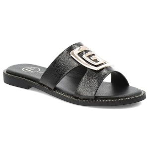 Klapki damskie Filippo, na płaskim obcasie z eko skóry z ozdobą eleganckie, czarne, DK3703-25-BK. Czarne klapki Filippo, z aplikacjami, ze skóry, bez obcasa, na płaskiej podeszwie. Za 99,99 zł.