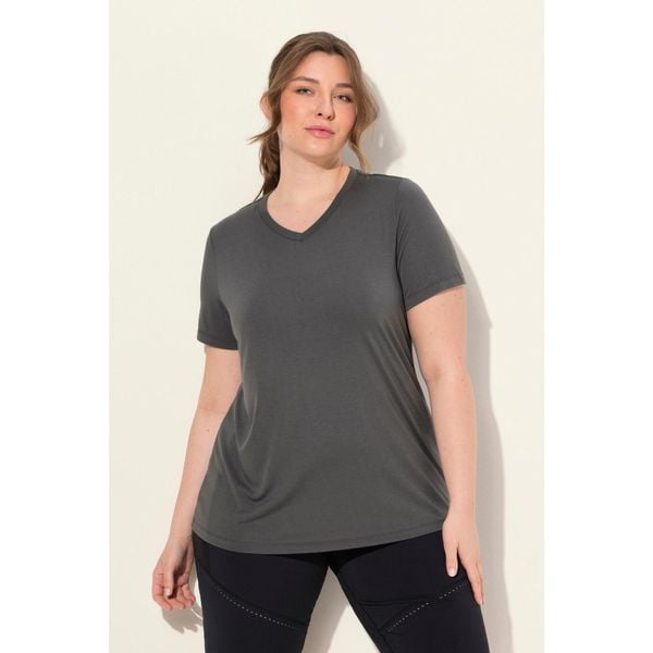 Damskie Bluzka funkcyjna antybakteryjny materiał dekolt w serek rękaw 1/2. Fioletowe koszulki sportowe Ulla Popken, bez wzorów, z materiału, bez ramiączek. Za 195,99 zł.