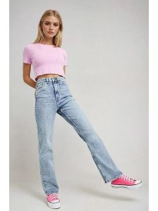 Monki Dżinsy - Regular fit - w kolorze błękitnym rozmiar: W31. Niebieskie jeansy Monki, z aplikacjami, ze skóry, z podwyższonym stanem. Za 60,99 zł.