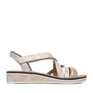 Sandały Rieker. Żółte sandały Rieker, bez wzorów, bez obcasa, na płaskiej podeszwie, bez zapięcia. Za 299,99 zł.