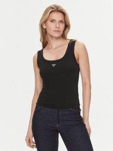 Guess Top W3YP68 KA0H1 Czarny Regular Fit. Czarne topy Guess, xl, z aplikacjami, z bawełny, bez kołnierzyka, bez ramiączek. Za 155,00 zł.