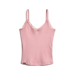 Krótki top z koronkową lamówką dla kobiet Superdry Essential. Czerwone topy Superdry, bez wzorów, z koronki, bez kołnierzyka, bez ramiączek. Za 108,35 zł.