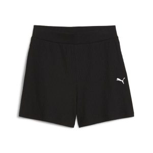 Damskie prążkowane szorty ESS ELEVATED 5" z wysokim stanem PUMA Black. Czarne szorty Puma, bez wzorów, prążkowane, z podwyższonym stanem. Za 97,99 zł.